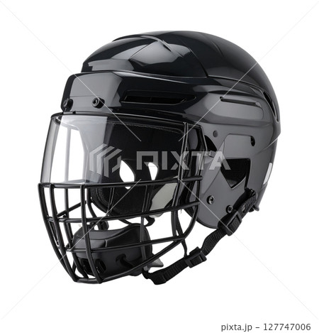 A hockey helmet with a puck is shown on a black background, illustrating essential sport protection equipment for a player's head in an ice game 127747006