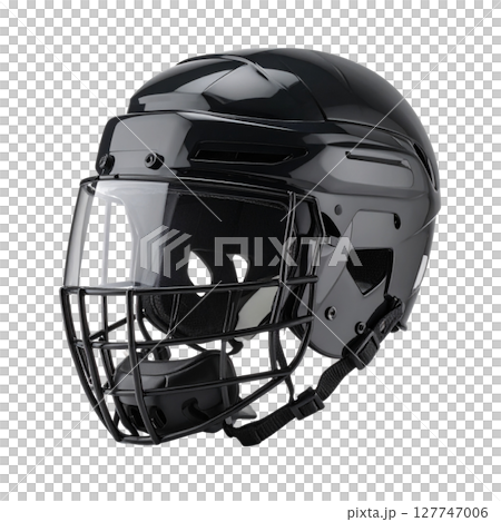 A hockey helmet with a puck is shown on a black background, illustrating essential sport protection equipment for a player's head in an ice game 127747006