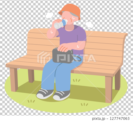 A senior woman sitting on a bench in the heat and hydrating 127747063