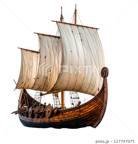A vintage wooden pirate ship model, a sailing vessel isolated on white, ready for ocean travel 127747075