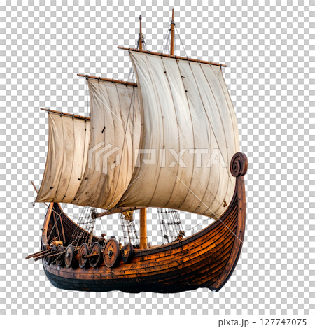A vintage wooden pirate ship model, a sailing vessel isolated on white, ready for ocean travel 127747075