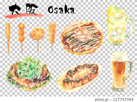 大阪名物　粉もん・串カツのイラストセット 127747084