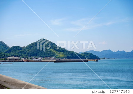 大三島を望む瀬戸内海の絶景|青い空と海岸の風景 大三島を望む瀬戸内海の絶景|青い空と海岸の風景 127747146