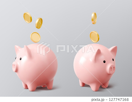 Pink 3d piggy banks with golden money coins 127747168