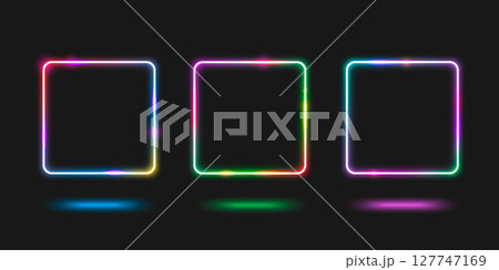 Neon square frame set glowing on dark background 127747169
