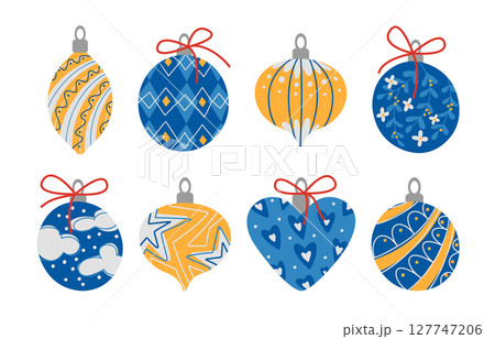 Yellow and blue vintage xmas bauble ornaments Yellow and blue vintage xmas bauble ornaments 127747206