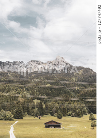 Alpine landscape panorama huts hut at Saugling Saeugling mountain Austria. 127747492