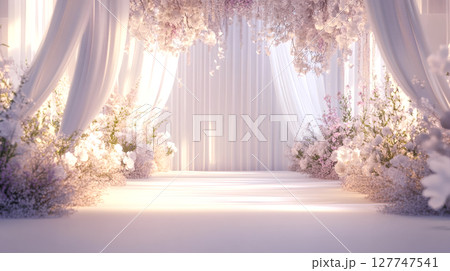 カーテン越しに見えるピンクの花 127747541