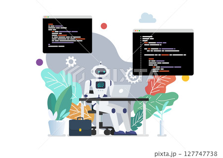 Android programmer writing code on laptop. Android programmer writing code on laptop. 127747738