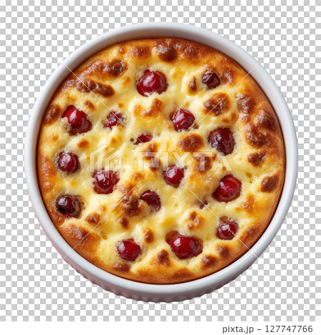 Delicious Cherry Clafoutis Dessert in a White Baking Dish Captured from Above, Perfect for Gourmet Food Photography 127747766