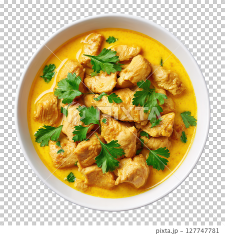 Delicious Chicken Curry with Fresh Cilantro Garnish in a White Bowl on a Clean Background 127747781