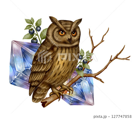 Owl on branch with crystals Owl on branch with crystals 127747858