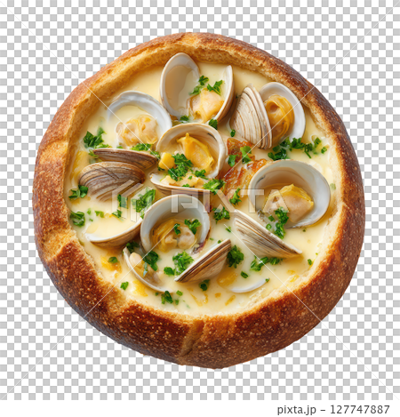 Creamy Clam Chowder Served in Bread Bowl with Fresh Clams and Parsley Garnish for a Delicious Seafood Experience 127747887