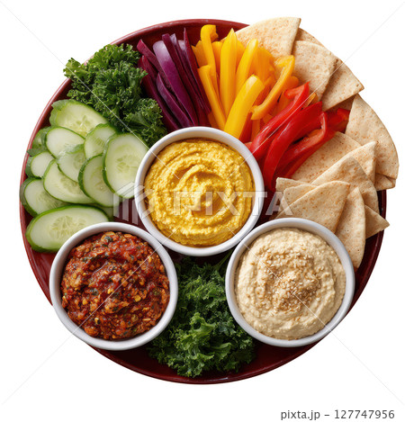 Colorful Hummus Platter with Fresh Vegetables and Pita Bread Ready for Sharing and Entertaining Guests at a Gathering 127747956