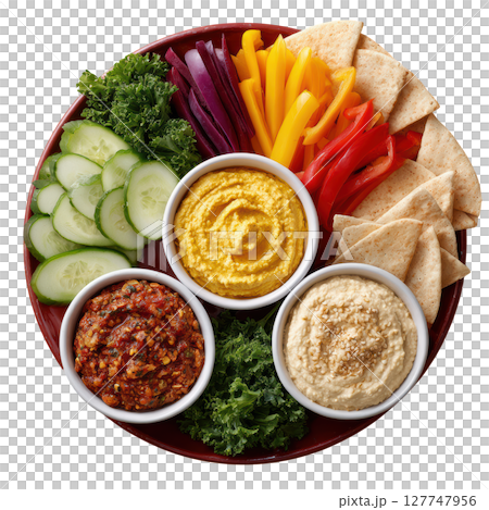 Colorful Hummus Platter with Fresh Vegetables and Pita Bread Ready for Sharing and Entertaining Guests at a Gathering 127747956