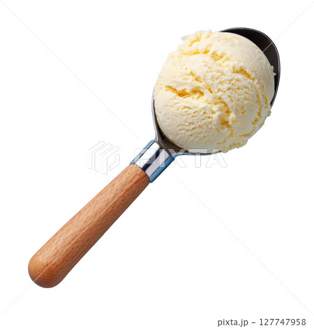 Delicious Scoop of Creamy Ice Cream on a Wooden Ice Cream Scoop Isolated on a White Background 127747958