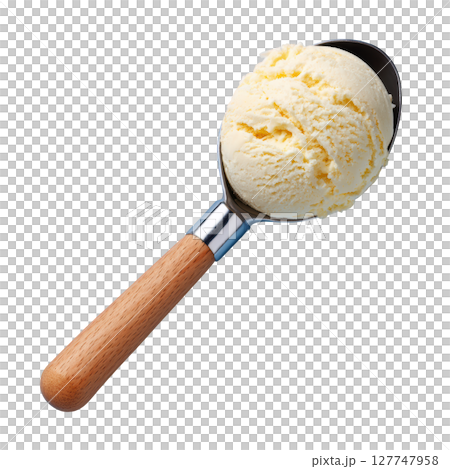 Delicious Scoop of Creamy Ice Cream on a Wooden Ice Cream Scoop Isolated on a White Background 127747958