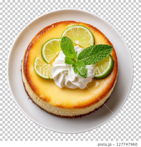 Freshly Baked Key Lime Cheesecake with Whipped Cream and Lime Slices on White Plate 127747960