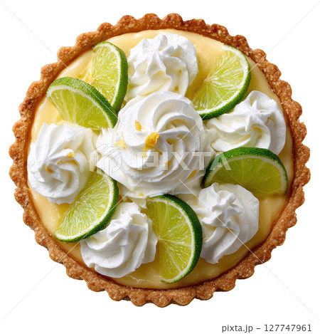 Delicious Key Lime Pie with Whipped Cream and Fresh Lime Slices on a Golden Crust 127747961