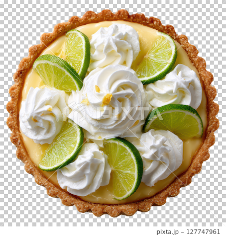 Delicious Key Lime Pie with Whipped Cream and Fresh Lime Slices on a Golden Crust 127747961