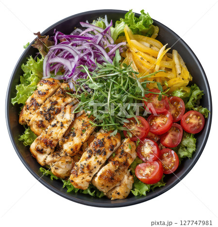 Grilled Mediterranean Chicken Bowl with Fresh Vegetables, Vibrant Greens and Colorful Salad Mix 127747981