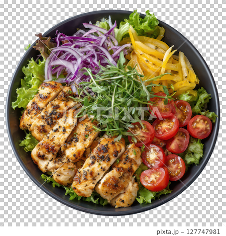 Grilled Mediterranean Chicken Bowl with Fresh Vegetables, Vibrant Greens and Colorful Salad Mix 127747981