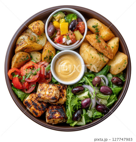 Vibrant Mediterranean Platter with Grilled Chicken, Fresh Vegetables, Olive Oil Dip, and Savory Potato Wedges 127747983
