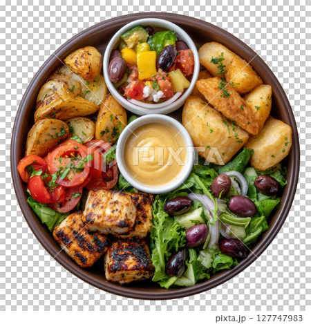 Vibrant Mediterranean Platter with Grilled Chicken, Fresh Vegetables, Olive Oil Dip, and Savory Potato Wedges 127747983
