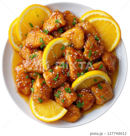 Delicious Orange Chicken with Fresh Citrus Slices Garnished with Herbs in a White Bowl 127748012