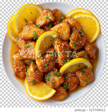Delicious Orange Chicken with Fresh Citrus Slices Garnished with Herbs in a White Bowl 127748012