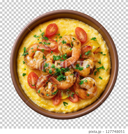 Delicious Shrimp Served Over Creamy Grits with Fresh Tomatoes and Parsley Garnish in a Rustic Bowl 127748051