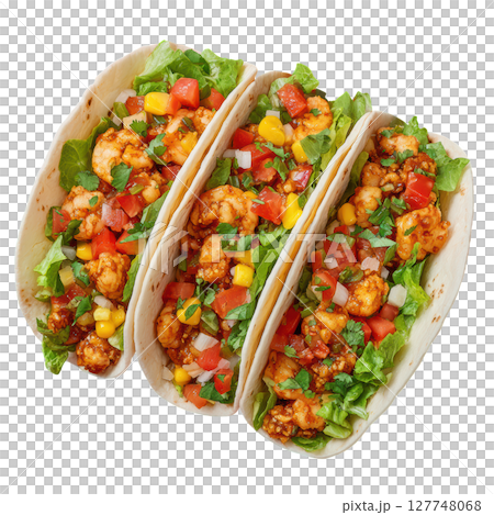 Delicious Spicy Shrimp Tacos with Fresh Vegetables and Flavorful Salsa in Tortillas 127748068