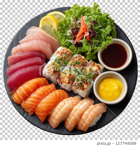 Fresh Sushi Platter with Assorted Fish and Vegetables on a Black Slate Serving Plate 127748086
