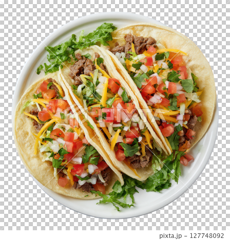 Vibrant Tacos on White Plate with Fresh Ingredients, Perfect for Delicious Food Photography and Culinary Inspiration 127748092