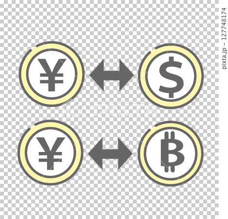 円・ドル・ビットコインの交換アイコンイラスト 127748174
