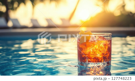 A refreshing cocktail with ice and a lemon twist sits on the edge of a pool 127748223