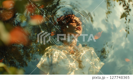 A dreamy artistic portrait of a woman submerged in water with dappled sunlight and autumn leaves A dreamy artistic portrait of a woman submerged in water with dappled sunlight and autumn leaves 127748365