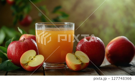 fresh apple juice and sliced red apples on a rustic wooden surface with a soft natural background 127748366