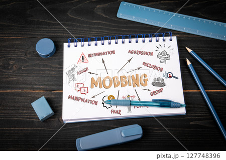 Mobbing Concept. Notepad and blue stationery on a black wooden texture background 127748396