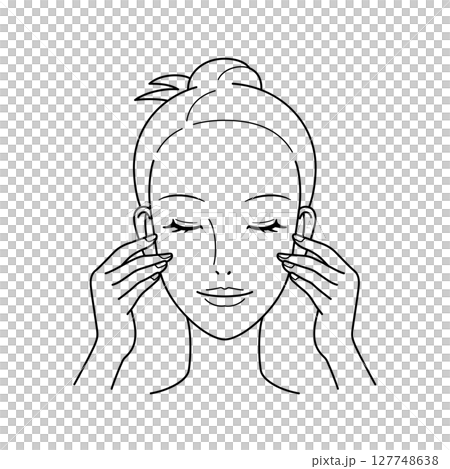 Woman doing skin care touching her face with her fingertips Woman doing skin care touching her face with her fingertips 127748638