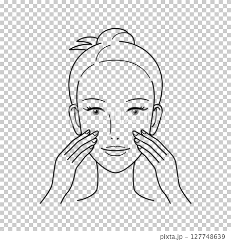 Woman doing skin care touching her face with her fingertips Woman doing skin care touching her face with her fingertips 127748639