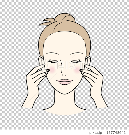 做皮膚護理的女人用指尖觸摸她的臉 127748641