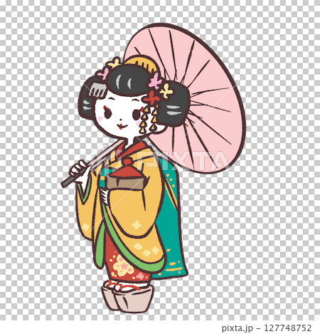 和傘をさしてすました表情の舞妓さんのイラスト 127748752