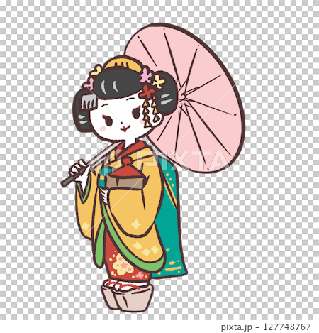Illustration of a maiko holding a Japanese umbrella Illustration of a maiko holding a Japanese umbrella 127748767