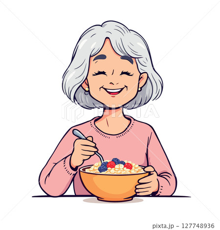 Vsai happy senior woman enjoying a healthy breakfast of oatmeal with berries 127748936