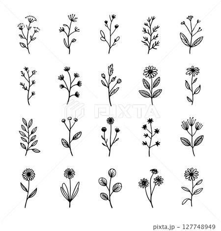 Dense Floral Grid. A compact collection of floral elements arranged in a neat grid, ideal for textile patterns and seamless design. 127748949