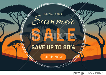 savannah at sunset with tree silhouettes flat vector illustration savannah at sunset with tree silhouettes flat vector illustration 127749023