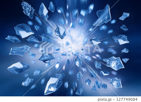勢いよく弾け飛ぶ氷 ブルー 勢い増し 周辺余白 勢いよく弾け飛ぶ氷 ブルー 勢い増し 周辺余白 127749084