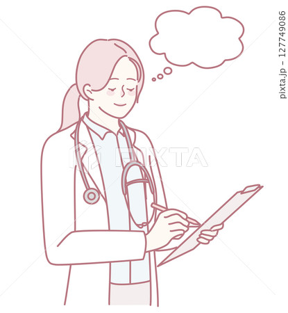 An illustration of a female doctor thoughtfully considering ideas and taking notes An illustration of a female doctor thoughtfully considering ideas and taking notes 127749086