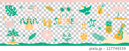 Hawaiian icon illustrations inspired by summer beaches_A set of flowers, hula girls, ukulele, etc. 127749339